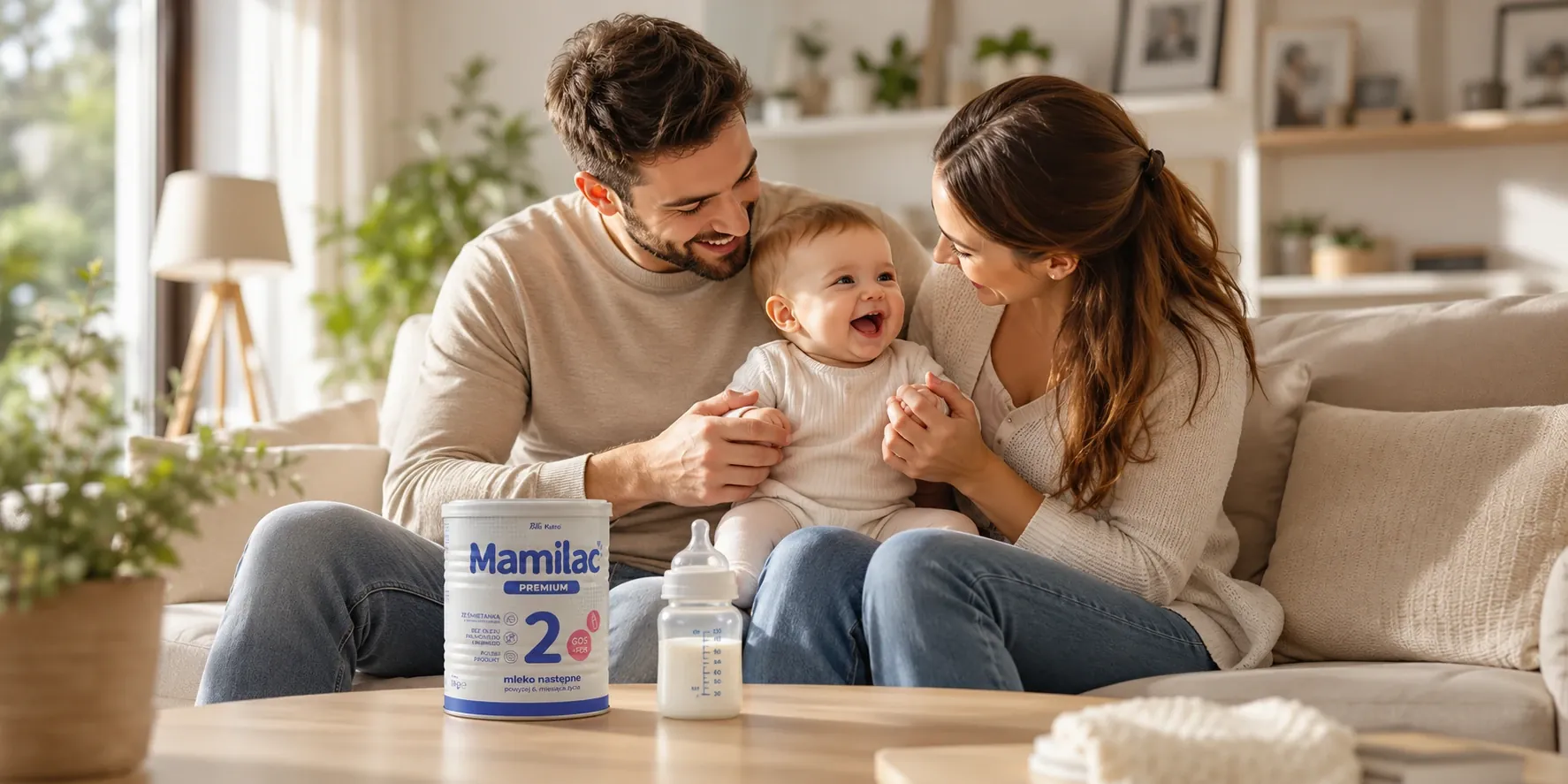 Rodzice z dzieckiem i puszką Mamilac Premium 2