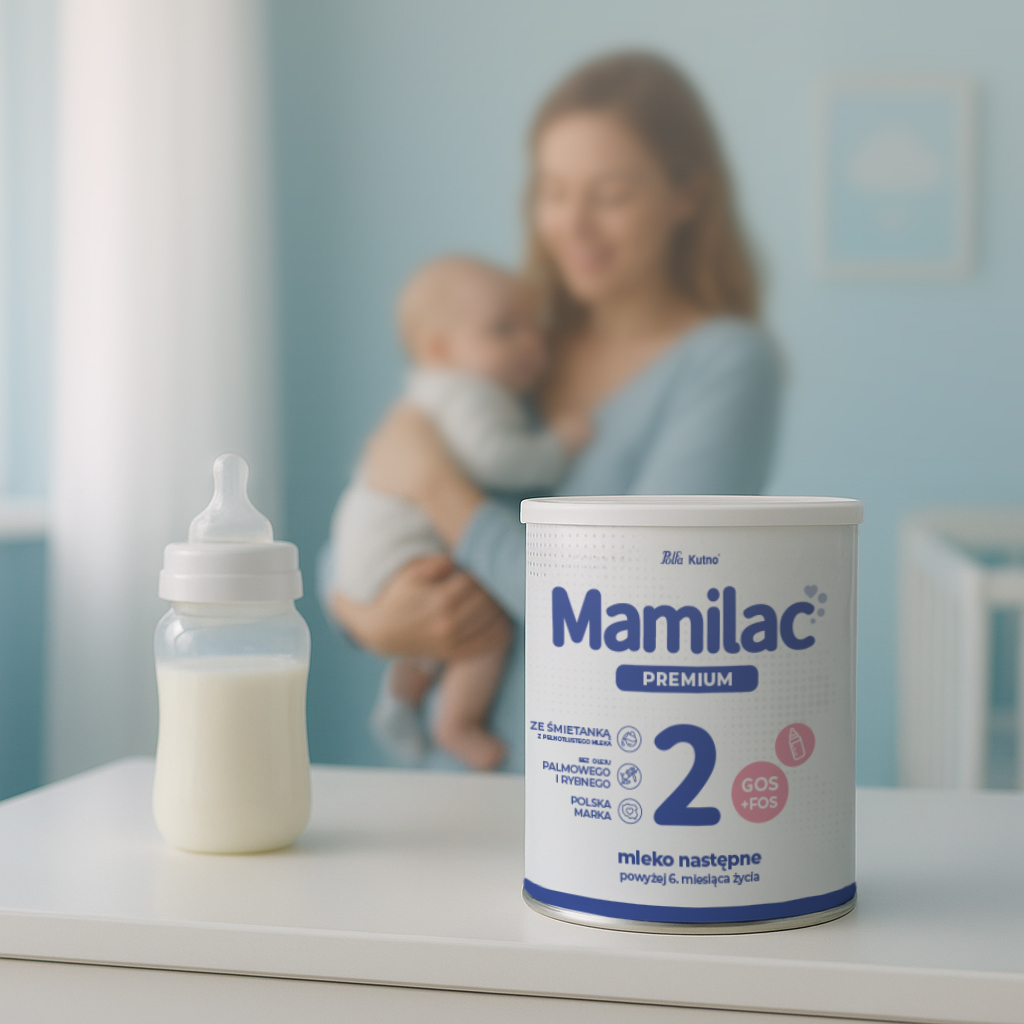 Mama z niemowlęciem, butelka mleka i puszka Mamilac Premium 2