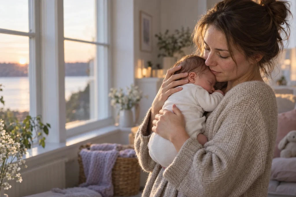 Mama w beżowym swetrze przytula śpiące niemowlę przy oknie, w świetle zachodzącego słońca